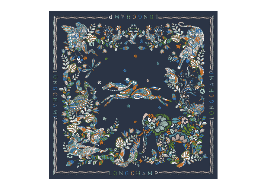 Longchamp 50647GSO carré de soie 90x90 cm foret de longchamp carre de soie