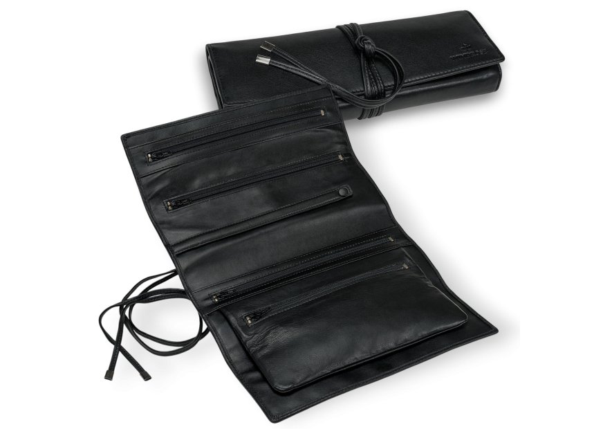 sacher 3100 - CUIR DE VACHETTE - NOIR trousse bijoux windrose plie en 3 lien trousse bijoux